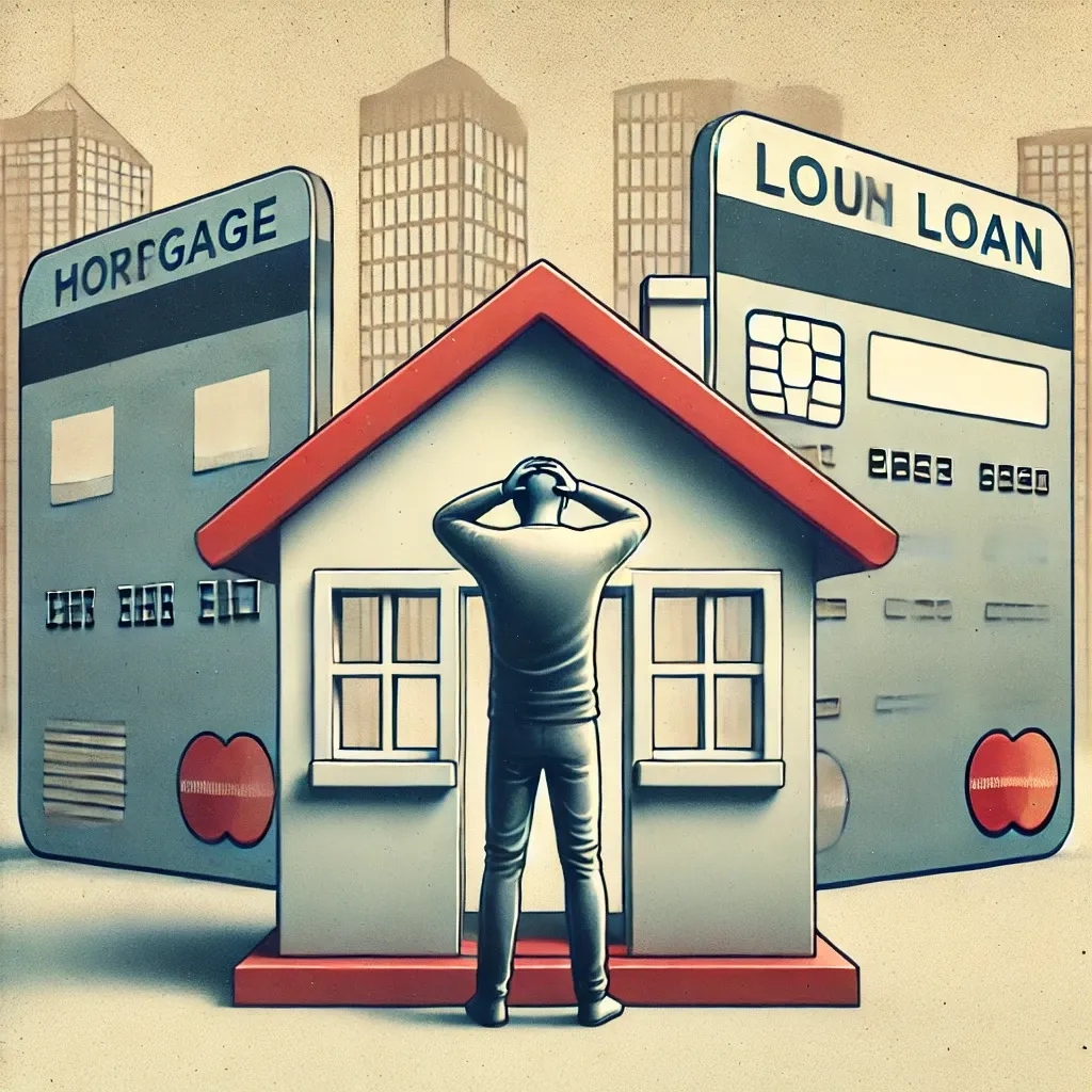 Dall·e 2024 09 11 19.02.23 A Digital Illustration Representing The Concept Of Double Loan 雙貸族 Which Refers To People Struggling With Both Housing Loans And Personal Loans. 