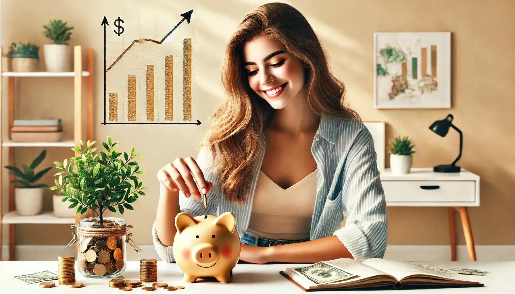 Dall·e 2025 01 31 23.25.48 A Young Woman Is Seated At A Desk With An Open Notebook And A Full Piggy Bank Placed On The Table. She Is Smiling While Looking At The Piggy Bank Wit